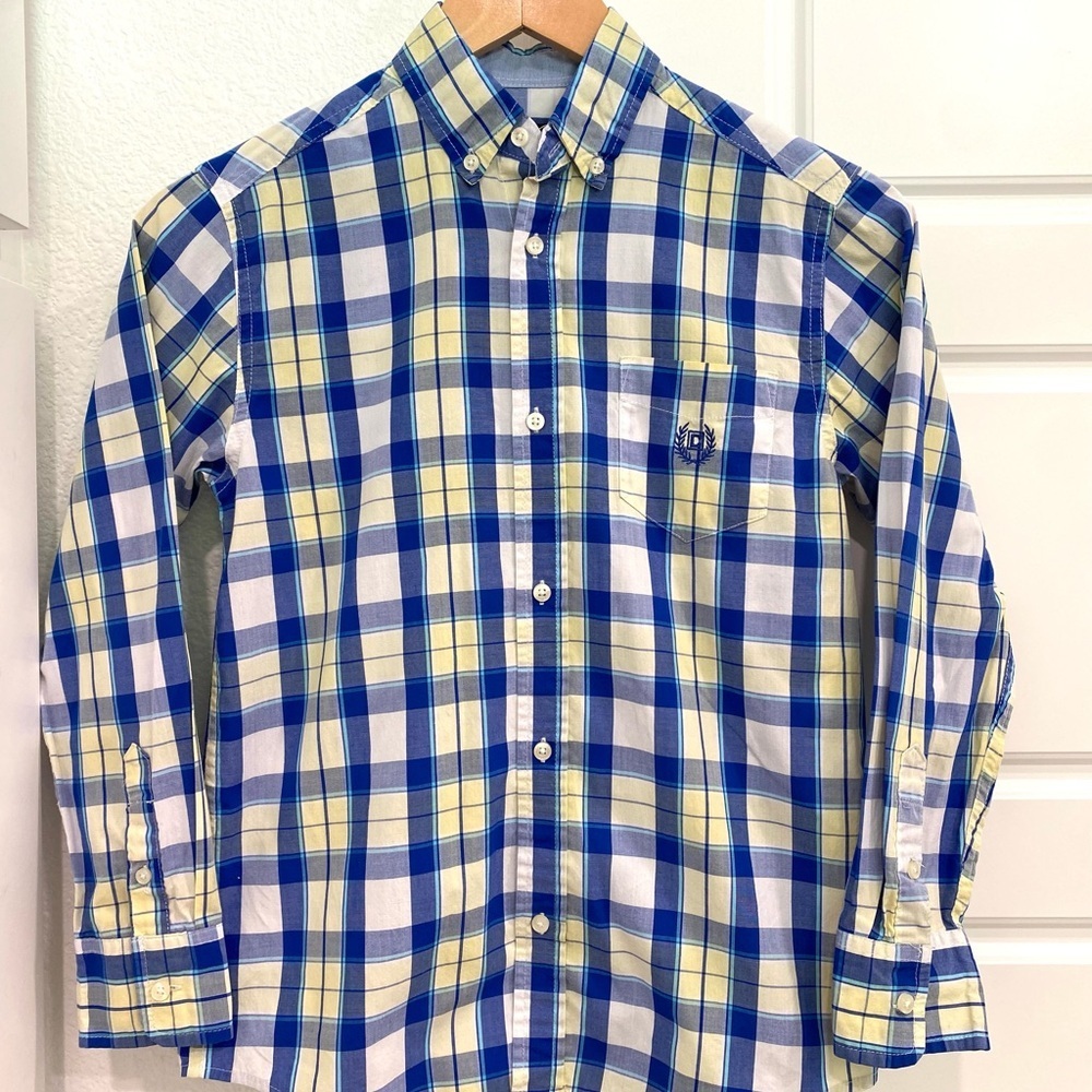 Chaps Boys Blue and Yellow Plaid Button Down Shirt Long Sleeve Size Medium 10/12